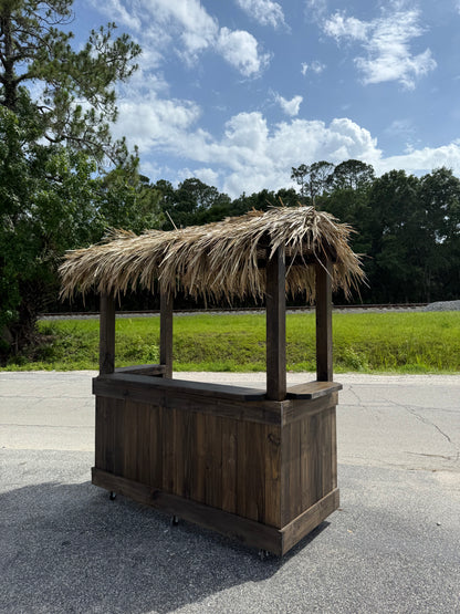 📞386-346-5172 | 6FT Straight Bar – Bartender Station, 2x Shelves, Stain, Tiki Roof Design