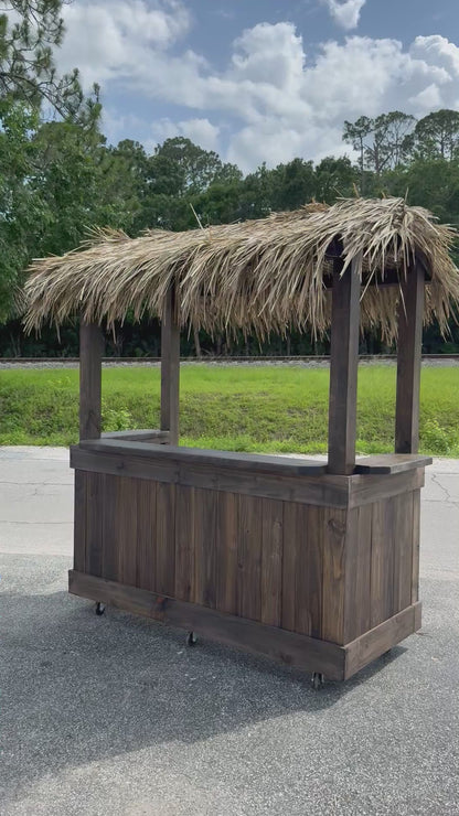 📞386-346-5172 | 6FT Straight Bar – Bartender Station, 2x Shelves, Stain, Tiki Roof Design