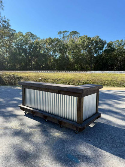 📞386-346-5172 | 8ft L on L (bartenders perspective) - Bartender Station, 2x shelf, Footrest (all), Stain, Metal
