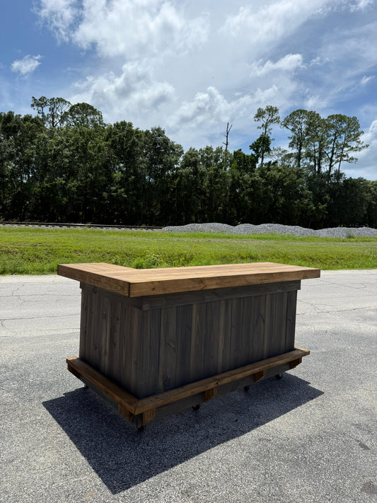 6ft L on right (bartenders perspective) - 1x shelf, Footrest (all), Stain