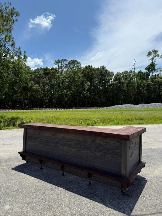 9ft L on L (bartenders perspective) - 1x shelf, Footrest (all), Stain