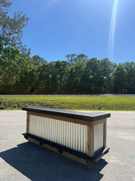 8x4 L on L (bartenders perspective) – Bartender Station, 1x Shelf, Footrest (all), Stain, Metal