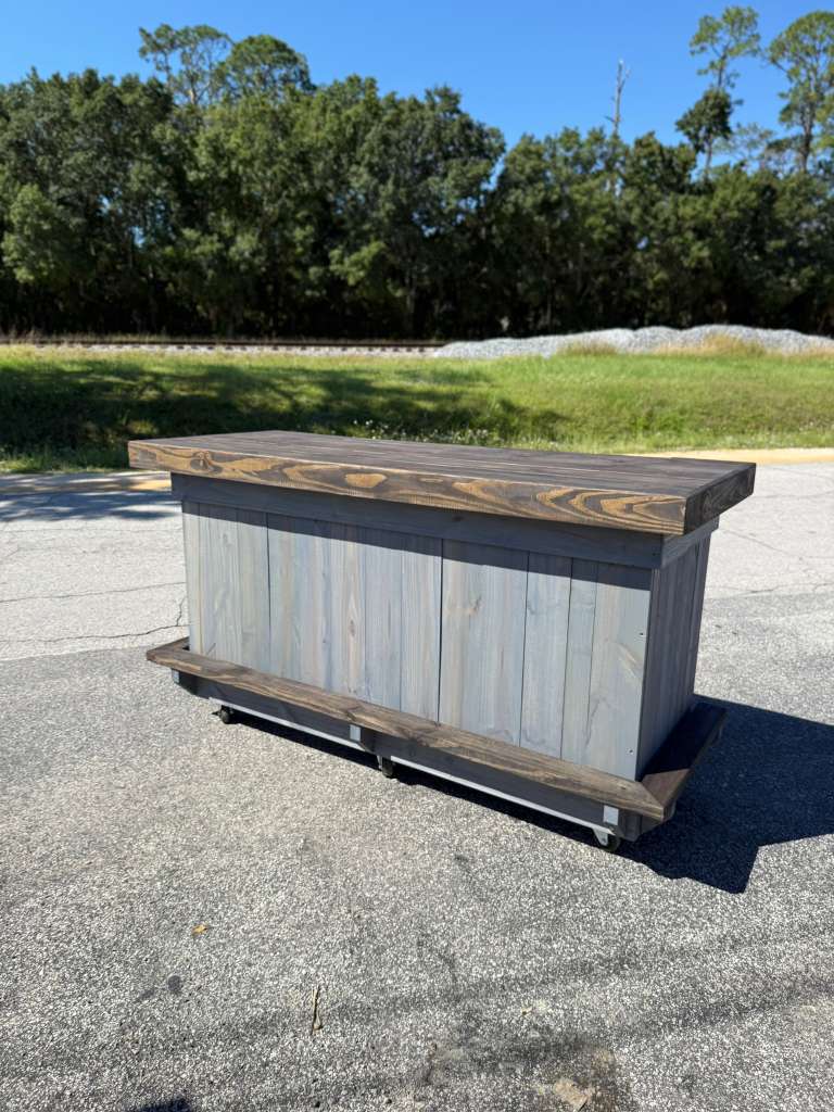 📞386-346-5172 | 8FT Straight Bar – 2x Shelf, Footrest (all), Stain