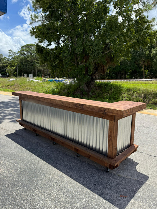 9ft L on L (bartenders perspective) - Bartender Station, 1x shelf, Footrest (all), Stain, Metal