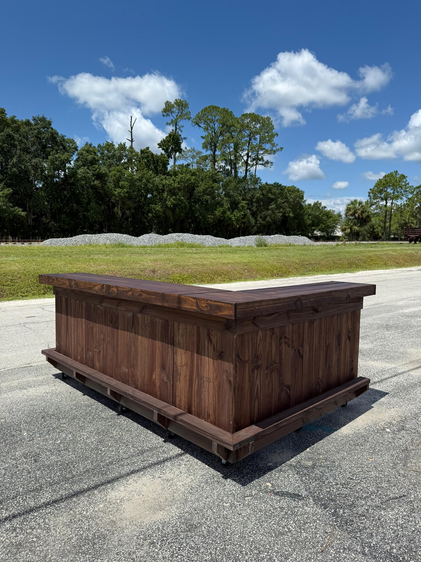📞386-346-5172 | 9x5 L on L (bartenders perspective) - Bartender station, 2x shelf, Footrest (all), Stain